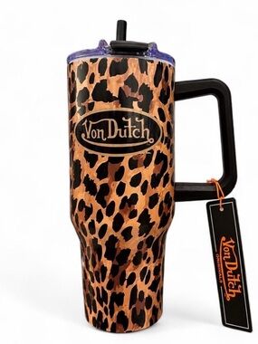 Von Dutch Leopard-Print Insulated Tumbler in Brown & Black with Handle